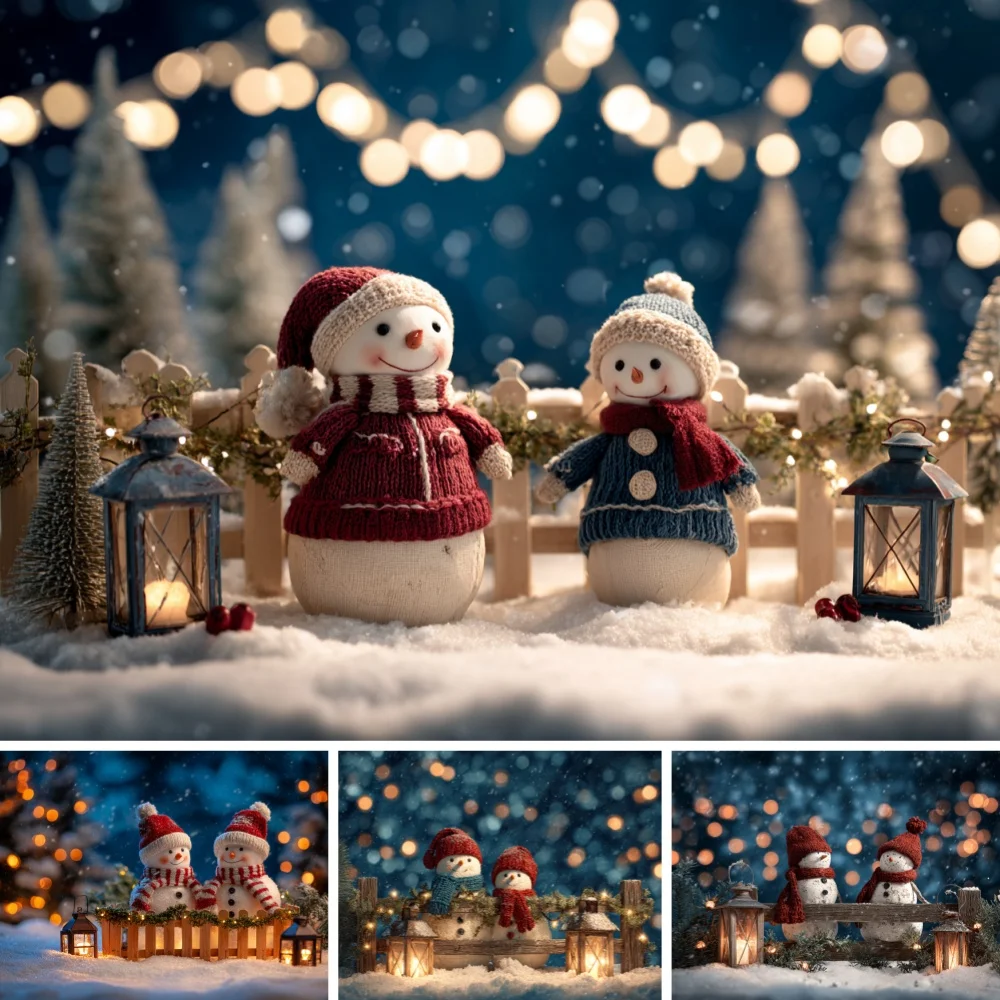 Cute Snowman Bokeh Light Snow Scene Photography Backdrop Winter Christmas Fence Lantern Portrait Photo Booth Shoot Props Decor