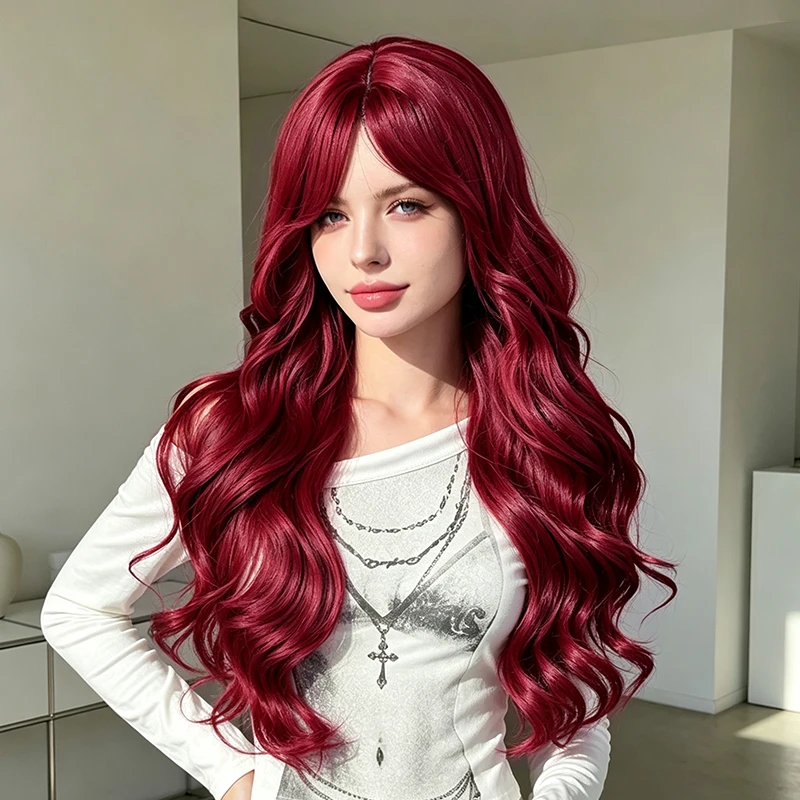 Heat Resistant Synthetic Wig Burgundy Red Long Big Wave with Curtain Bangs Soft Full Head Wig for Daily Wear Cosplay