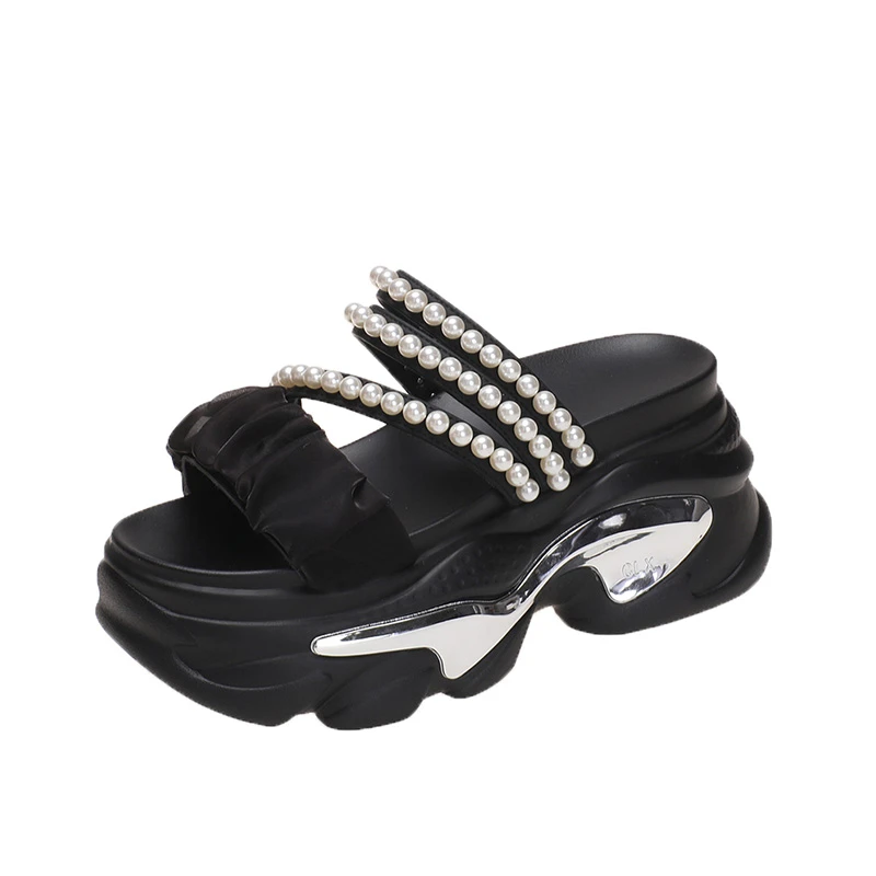 Summer High Platform Women Sandals Slip-On 9 CM Wedges Bling Shoes Fashion 2023 Outside Chunky Sandals Beach Casual Slides Woman