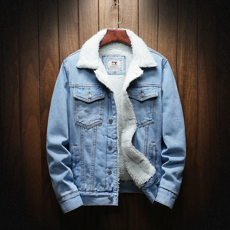 

New Men Light Blue Winter Jean Jackets Outerwear Warm Denim Coats New Men Large Size Wool Liner Thicker Winter Denim Jackets