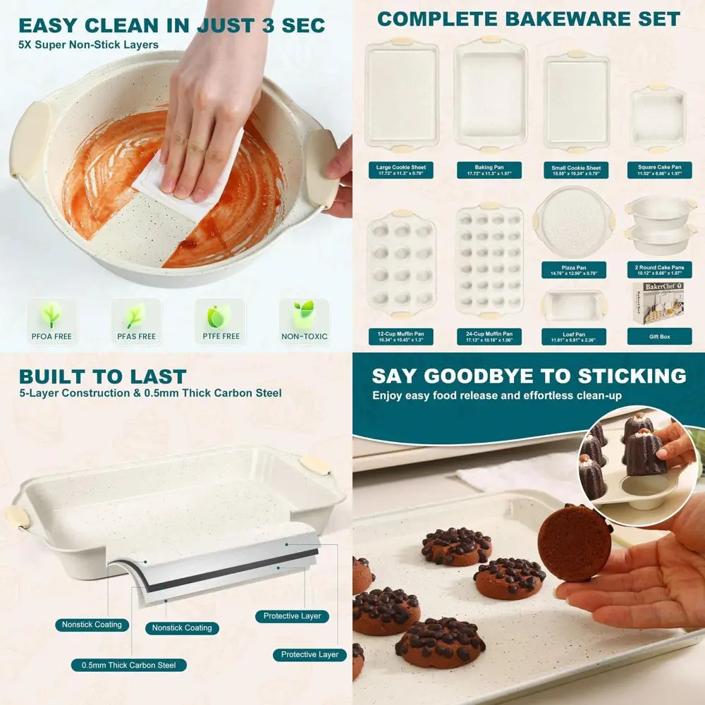 

Cream-Colored 10-Piece Nonstick Baking Set with Silicone Handles, Oven-Safe Bakeware for Cookies, Roasting, and Muffins