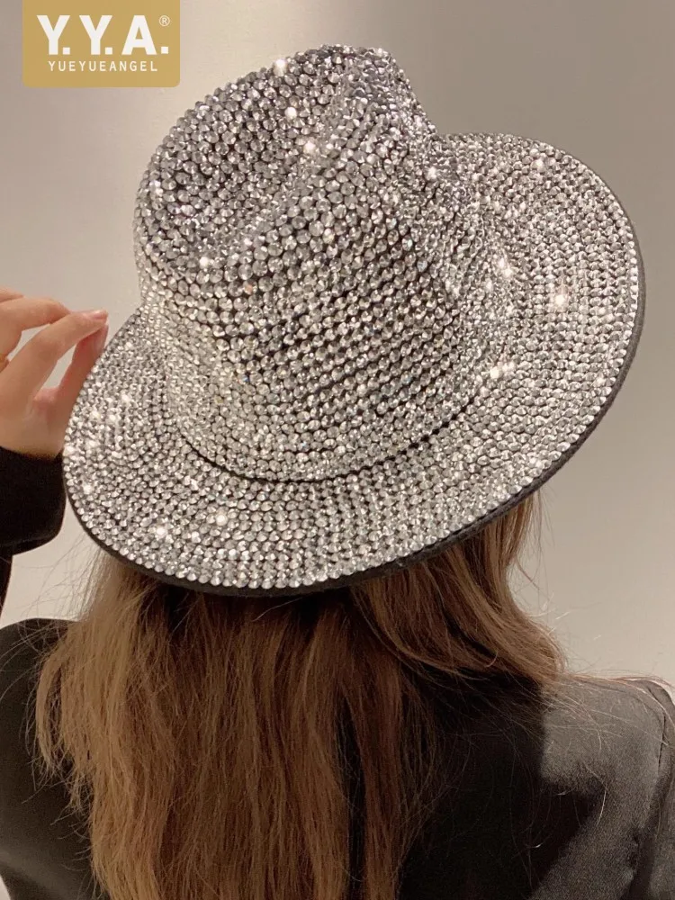 Fashion Women Jazz Hat Autumn Winter High Street Casual Woolen Cap Hip Hop Stage Show Shiny Luxury Diamonds Ladies Formal Hat