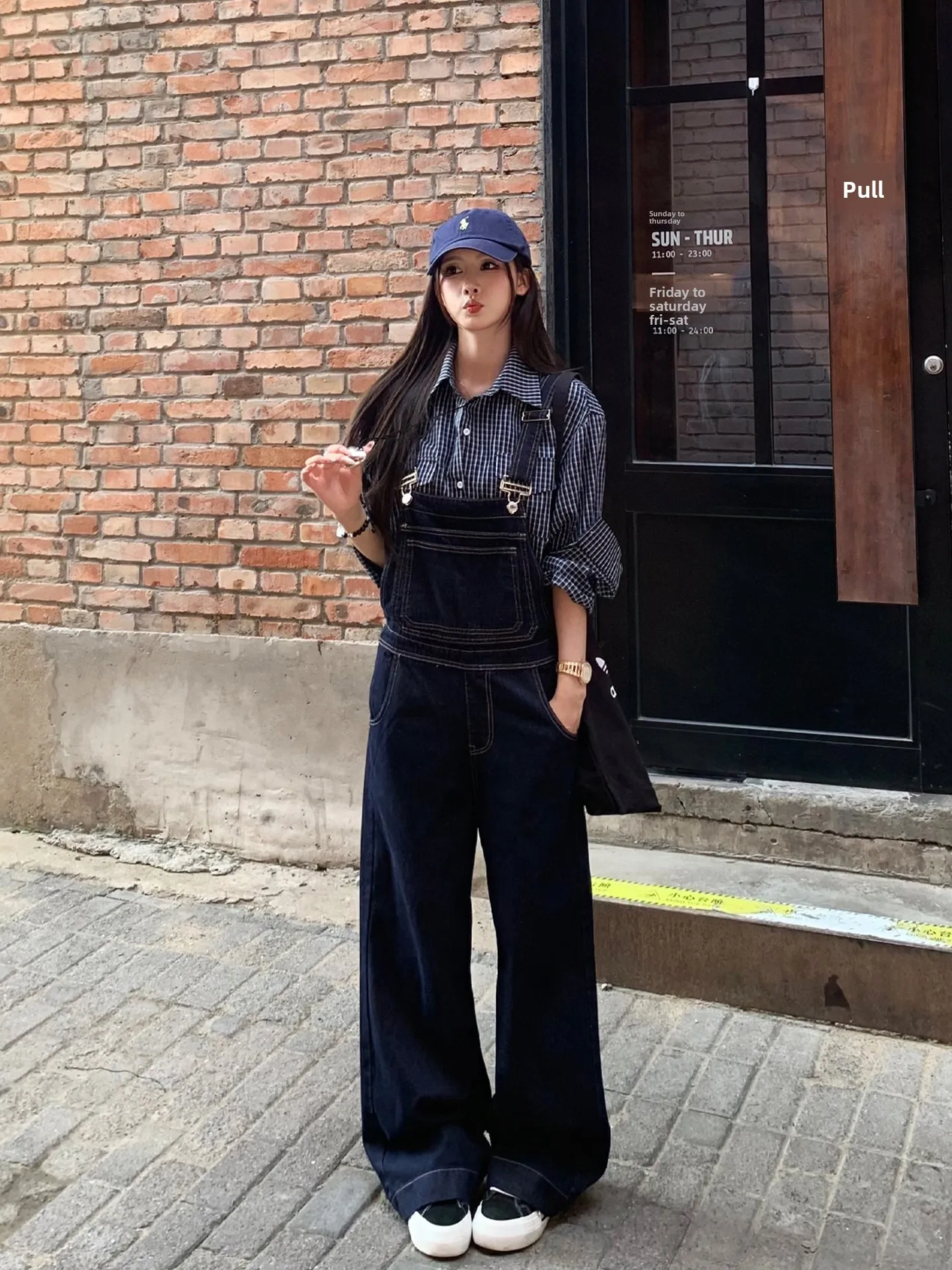

Retro American Denim Overalls Women's Loose Wide Leg Pants High Waist Long Trousers Deep Blue Casual Fall Season Faion