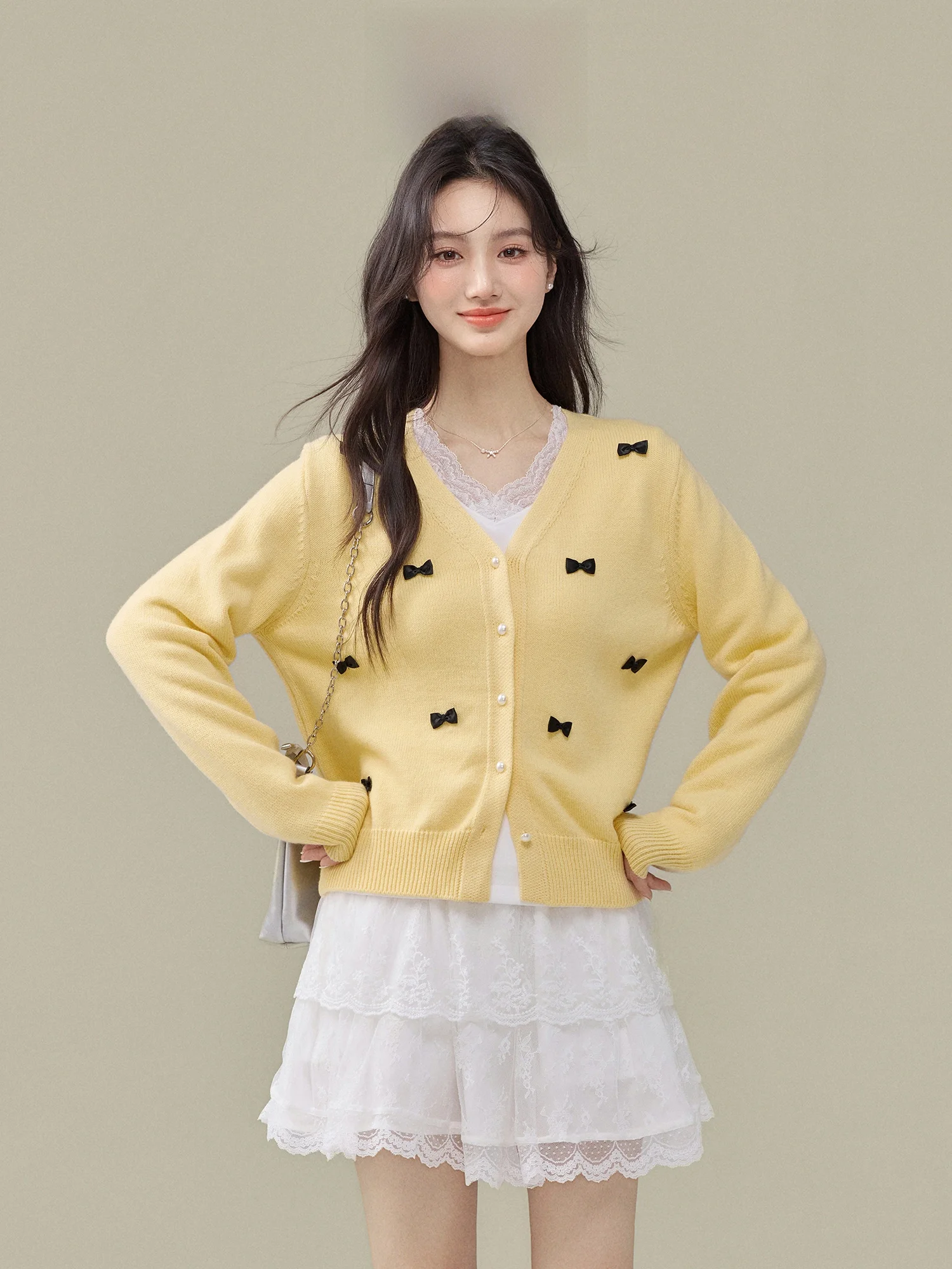 

Yellow Bow Knot Knitted Open Cardigan Women's Early Autumn New Design Sensation Sweater Jaet Commute Sle Loose Fit