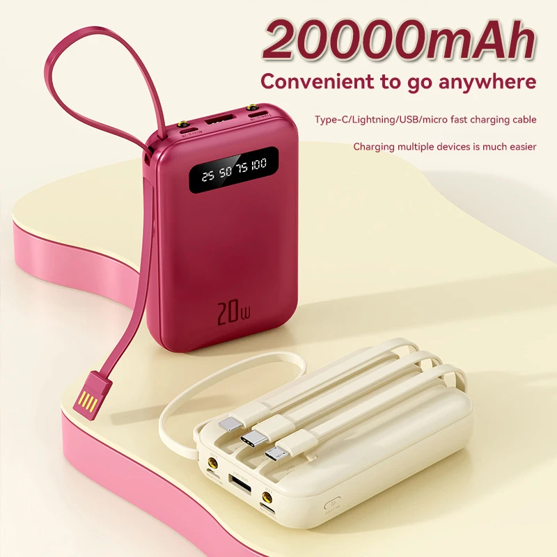 20000mah Power Bank 4-In-1 Built-In Cable 20W Fast Charging Powerbank Waterproof Portable Mobile Phone External Battery Charger