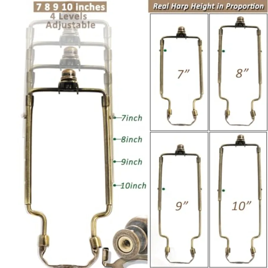 7 8 9 10 inch Lamp Shade Harp Holder, Antique Brass Lamp Harp Kit, Fit Both Standard Lamp Rod and E26 Light Base UNO Fitter Ada