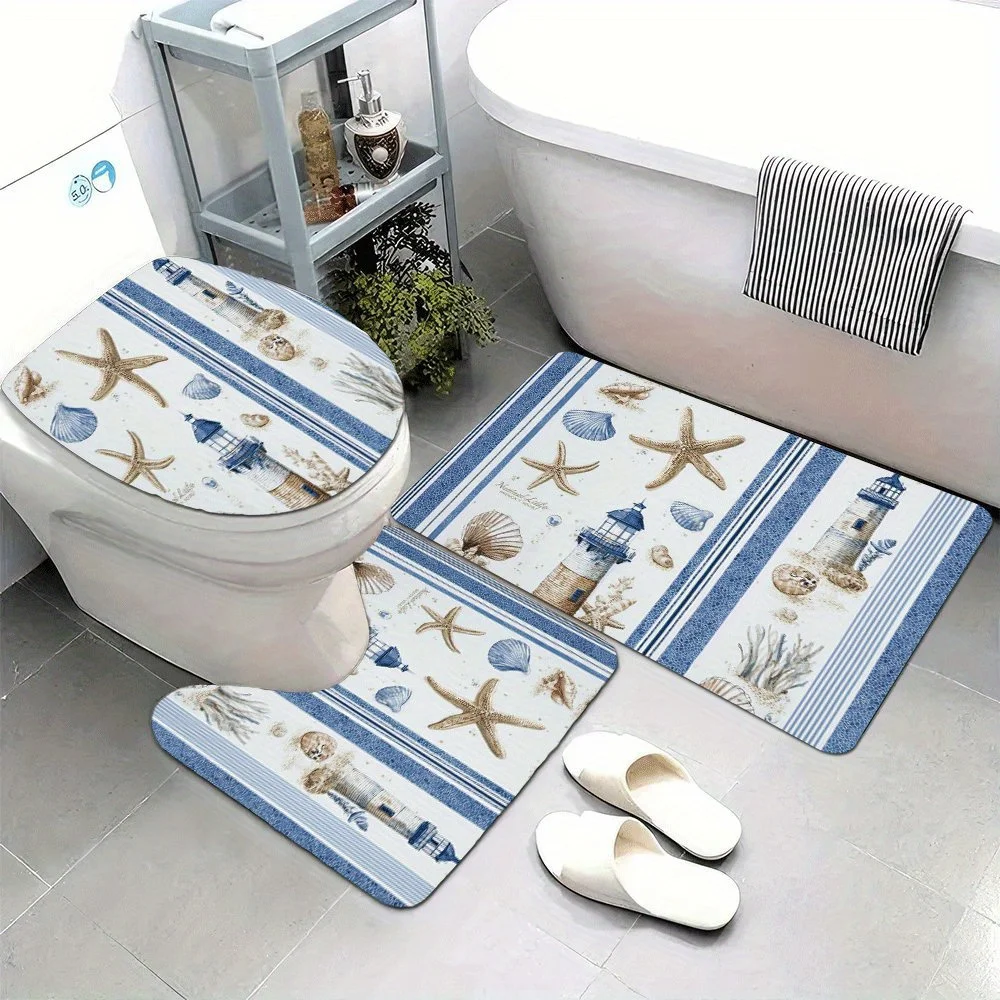 

Nautical Starfish & Lighthouse Bathroom Mat Set – Non-Slip Flannel, U-Shaped Rug & Toilet Cover, Soft Absorbent Design