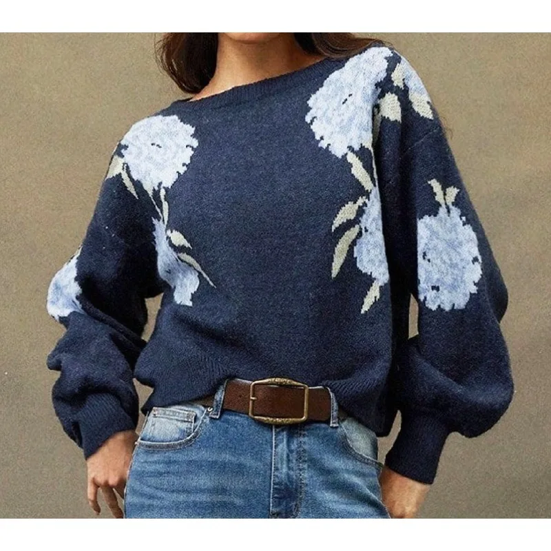 

2025 Autumn and Winter New One-word Neck Flower Jacquard Pullover Sweater Women's Casual Lazy Wind Knitted Sweater