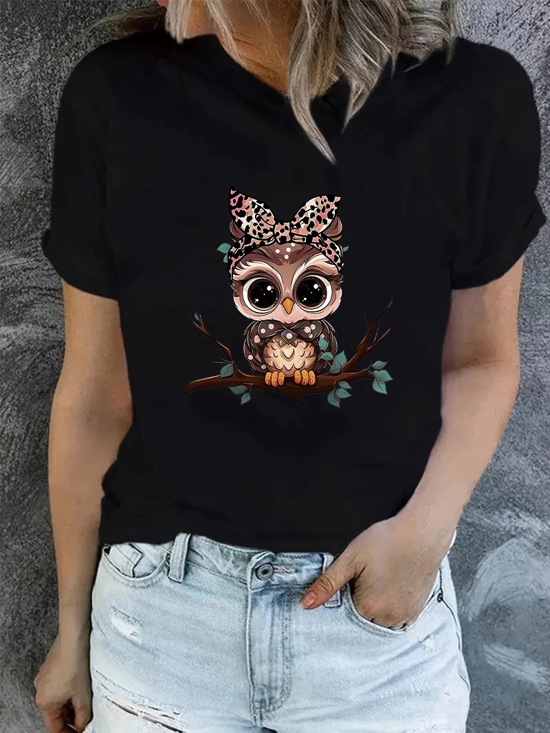 2024 neue Sommer Cartoon Kawaii Eule gedruckt T-Shirt Sommer Frühling Kurzarm Rundhals ausschnitt lässig Top Damen bekleidung