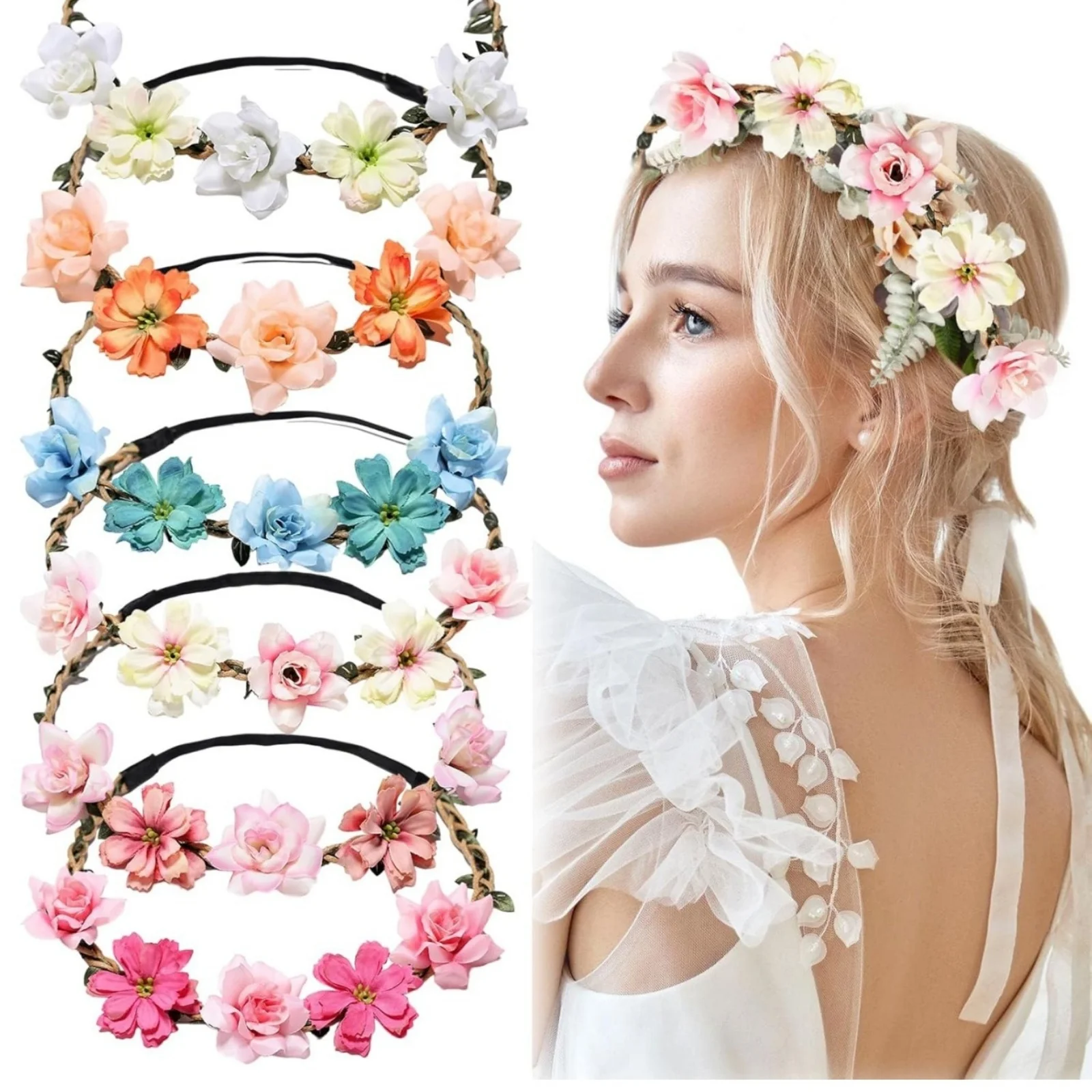 1 Stück Braut- und Brautjungfern-Kopfschmuck, Blumenkranz, Haarband, Haar-Accessoire, Handgelenk-Blume, für Reisen, Urlaub am Meer – Detail 4