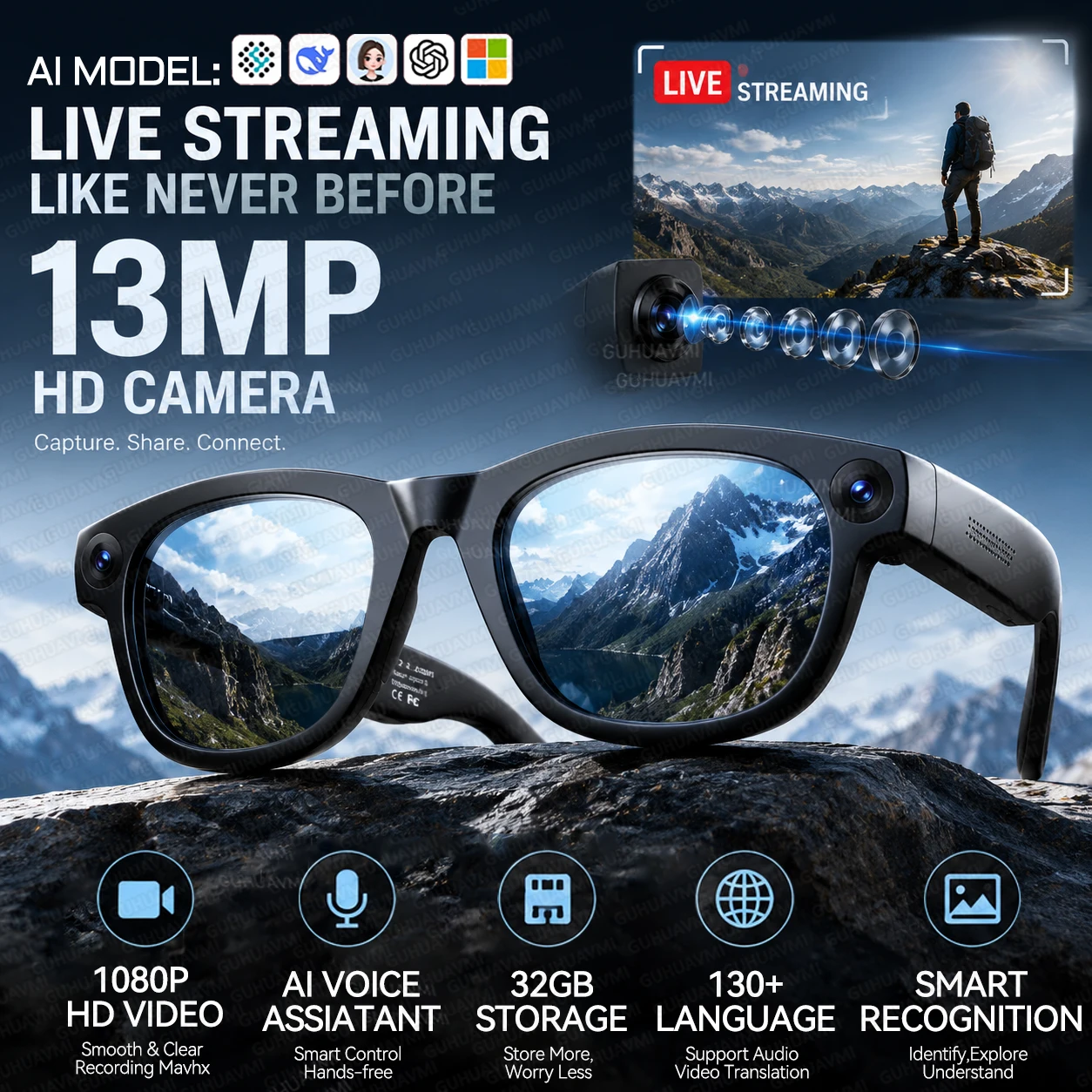 New Smart Glasses Men 13MP Camera Live Streaming 130+Language Translation Meeting Assistant Open-Ear Audiofor Travel Business