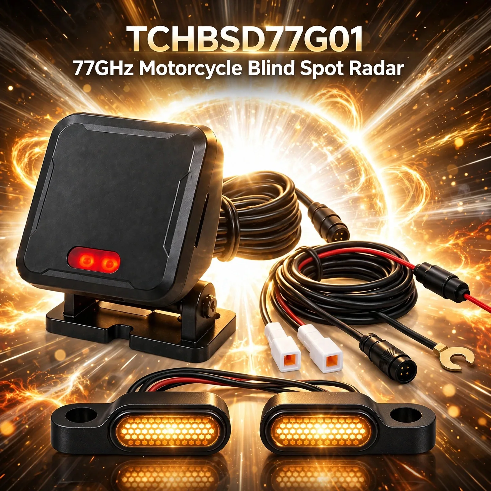 Solar Flare 77GHz Blind-Spot Radar Kit for Motorcycle – Dual LED Indicators, 8.4m BSD & 50m LCA Zones, 4Tx4Rx, 20Hz Refresh