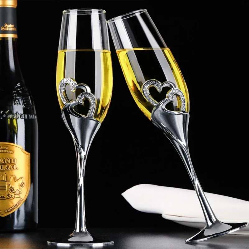 2pcs Wedding Champagne Flute Set Heart Rim Decor Clear Glass Toasting Goblet For Party Bar Anniversary Drinkware Tabletop Gift