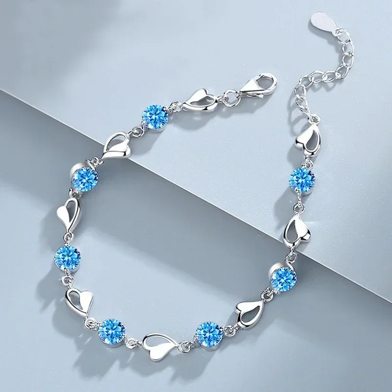 925 Sterling Silver Ocean Heart Bracelets For Women Vintage Korean Versatile Blue Crystal Charm Bracelets Original Party Jewelry