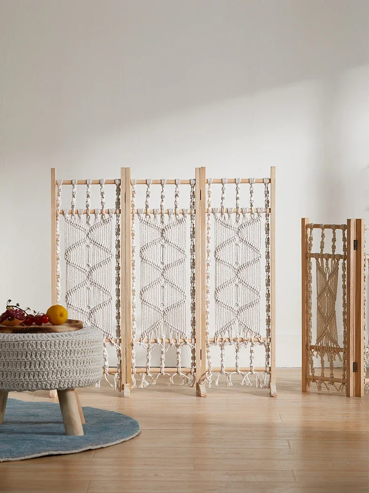 Nordic wooden partitions, handmade cotton rope woven screens, tea room decorations, solid wood, paint free shelves, homestays