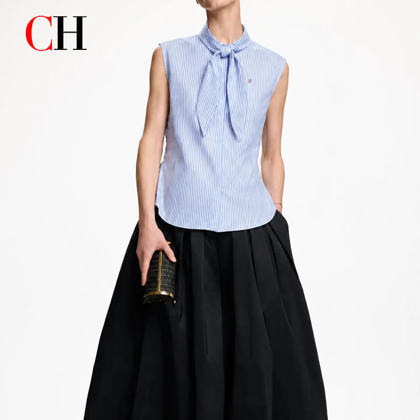 CH Embroidered Sleeveless Shirt Women Bow Tie Collar Slim Fit Soft Fabric Versatile Casual Daily Office Tops