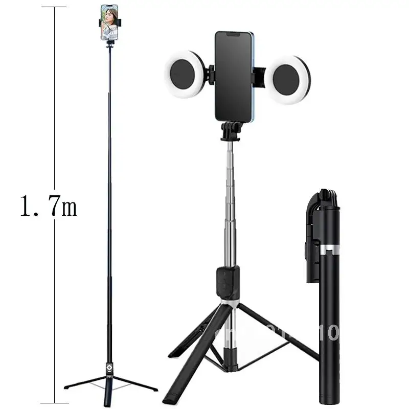 

1.7m Extendable live Tripod Selfie Stick Support LED Ring Dual light mirror Stand 4 in 1 Phone Mount for iPhone X 8 11 Android