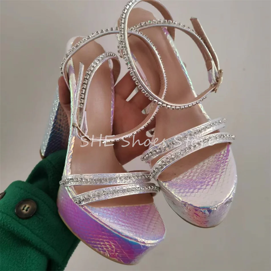 Rhinestones One Strap Women Hight Heels Sandals Sexy Chunky Platfrom Hight Heel Slingback Pumps Ladies Wedding Dress Shoes