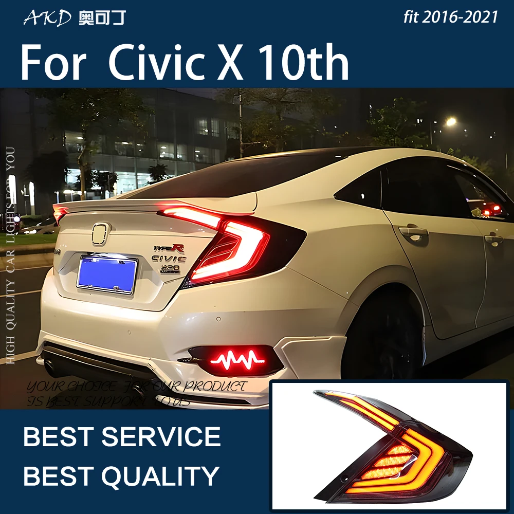 Car Lights For Civic X 2016-2021 Sedan LED Auto Taillight Assembly Upgrade Rear Dynamic Highlight Flicker Breaking Accessories