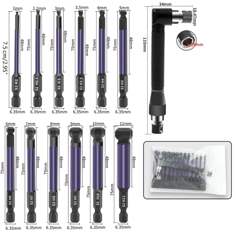 Ball End Hexagonals Bit Screwdriver Head with 1/4Inch Double Head Socket Set Dropship