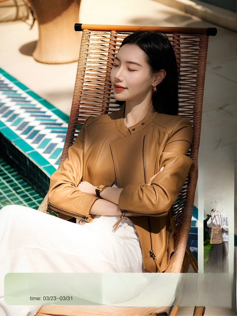 

XiaoHanGe High Quality Sheepskin Leather Jacket Women's Short Cool Biker Style Lightly Painted Moutan Brown Fashionable