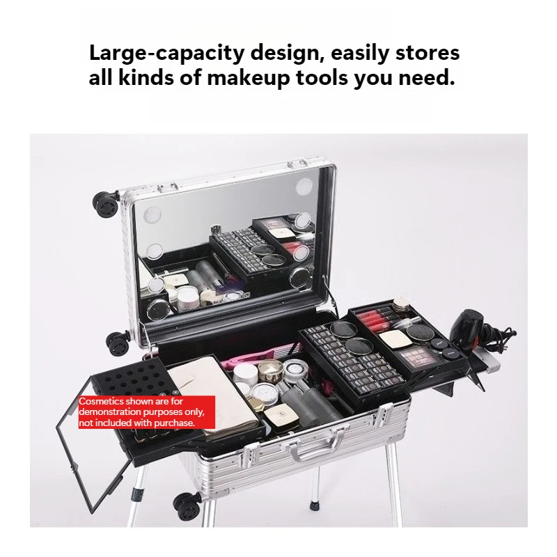 Bluetooth LED Light Makeup Case, Aluminum Alloy Rolling Cosmetic Train Case with Stand & Wheels for Makeup Artist