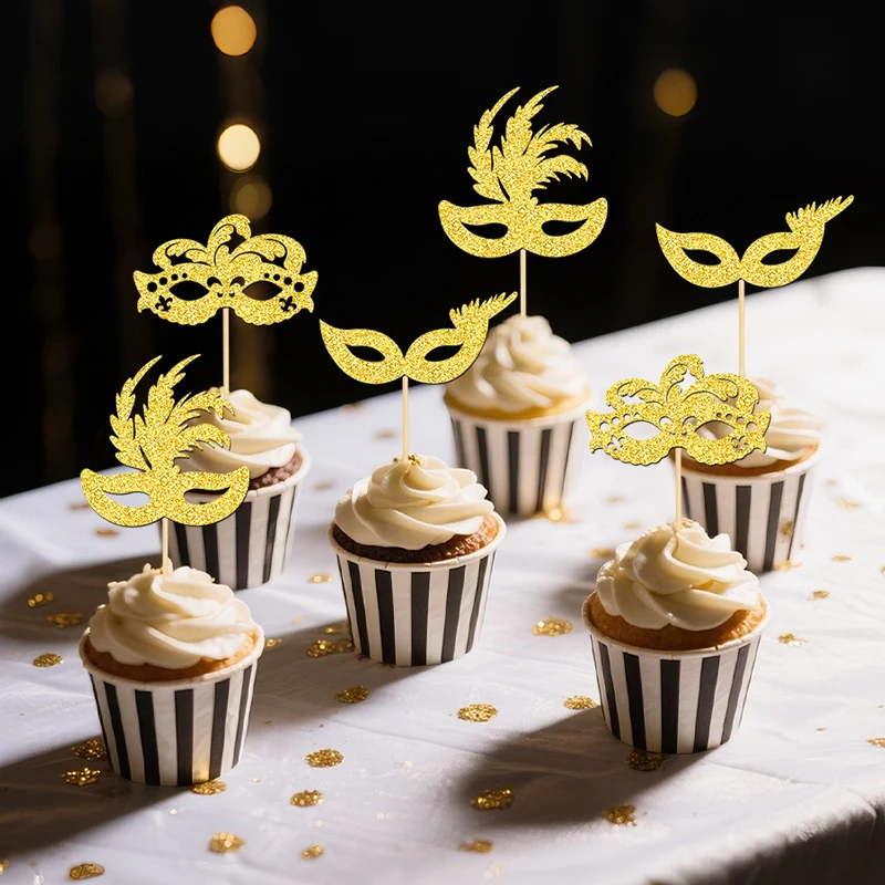 YOMDID 24 Stück Maskerade-Masken, Cupcake-Topper, glitzernde Bachelorette-Party, Cupcake-Picks, Maskerade, Karneval, Party-Dekorationen – Detail 12