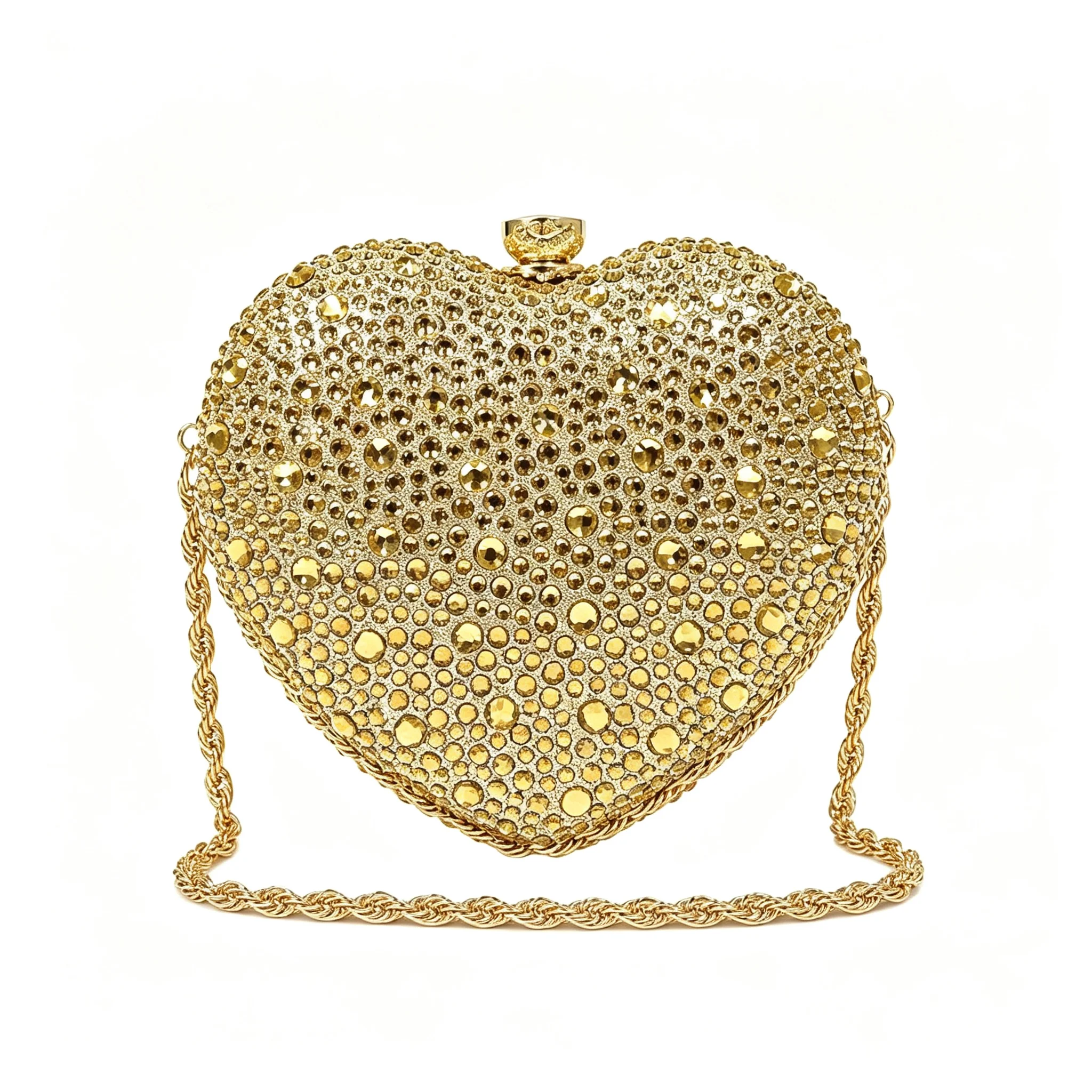 Women Golden Rhinestone Heart Evening Clutch Bag Detachable Chain Shoulder Crossbody Bag Luxury Wedding Bridal Purse Prom Party Cocktail Handbag