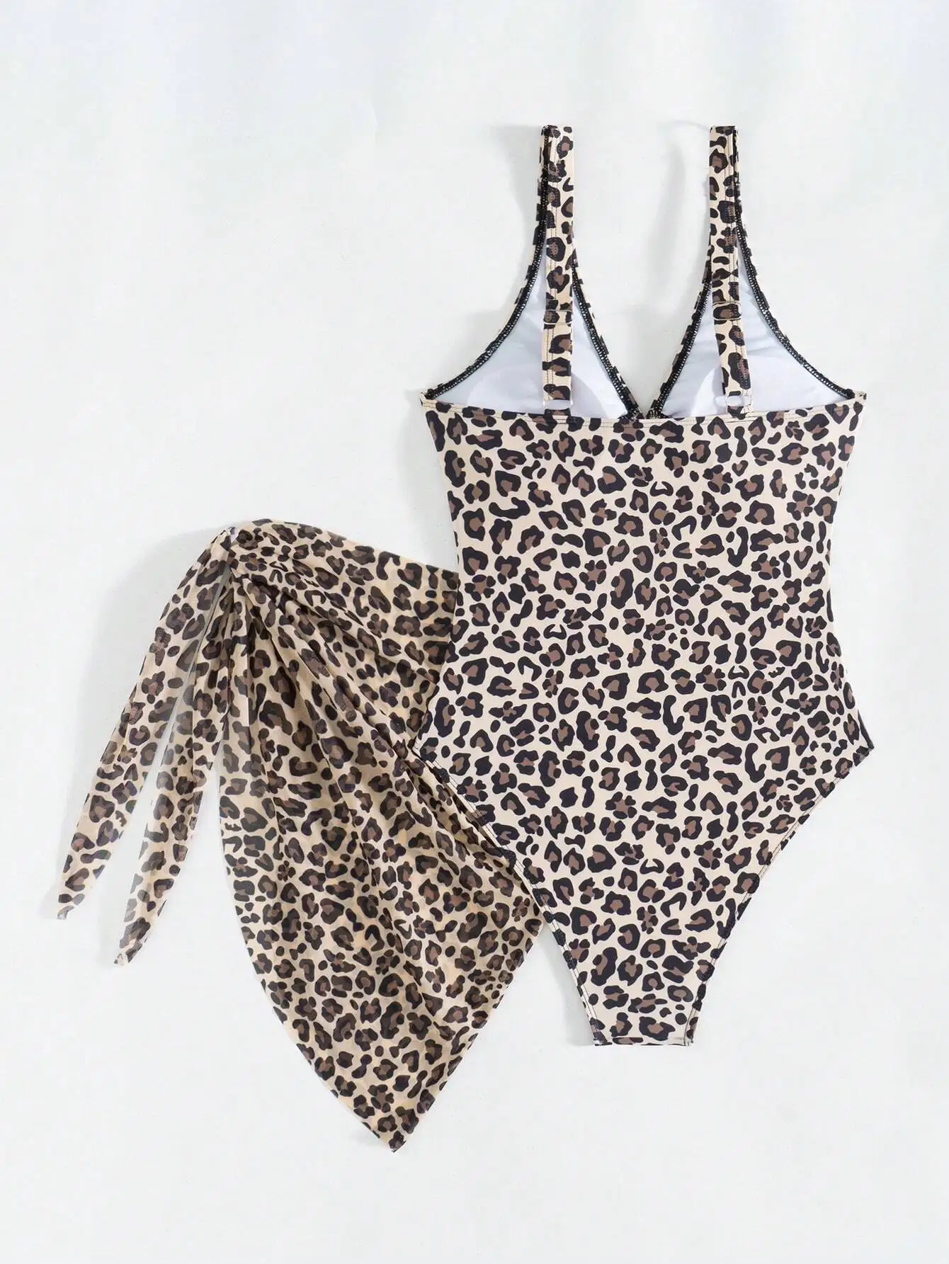 

Leopard Print Deep V Monokini Swimsuit With Mesh Wrap Skirt For Beach Vacation