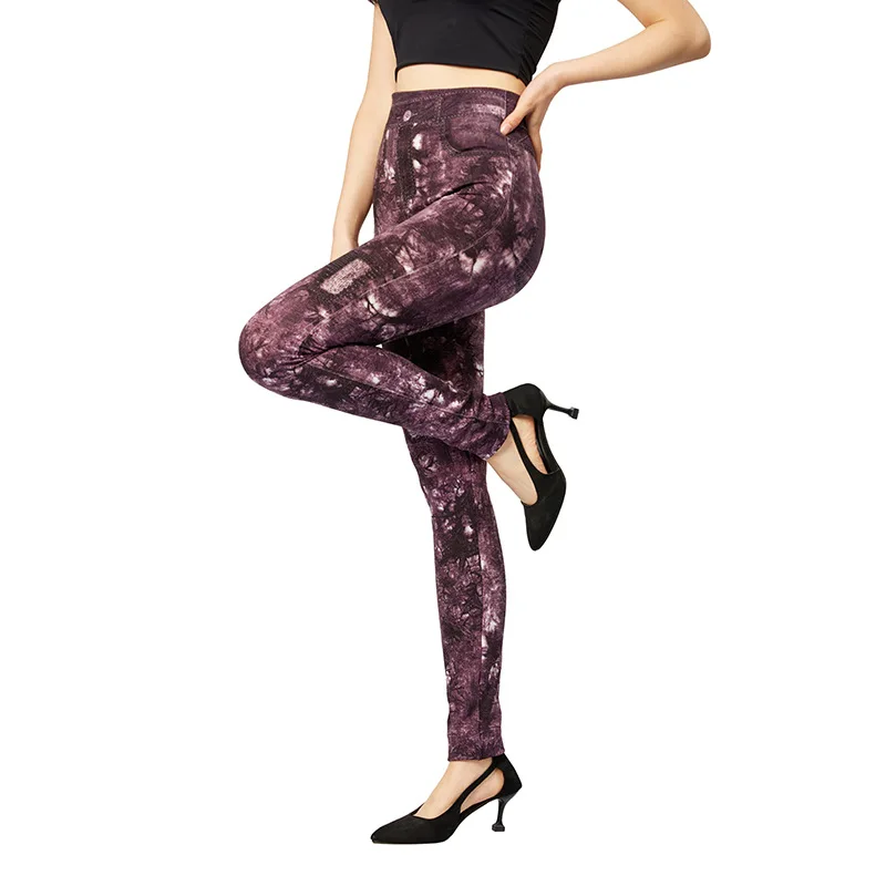 CUHAKCI Breathable Purple Leaves Printed Jeggings Faux Denim Pants Workout Yoga Leggings Women Stretch Workout Slim Fit Tights