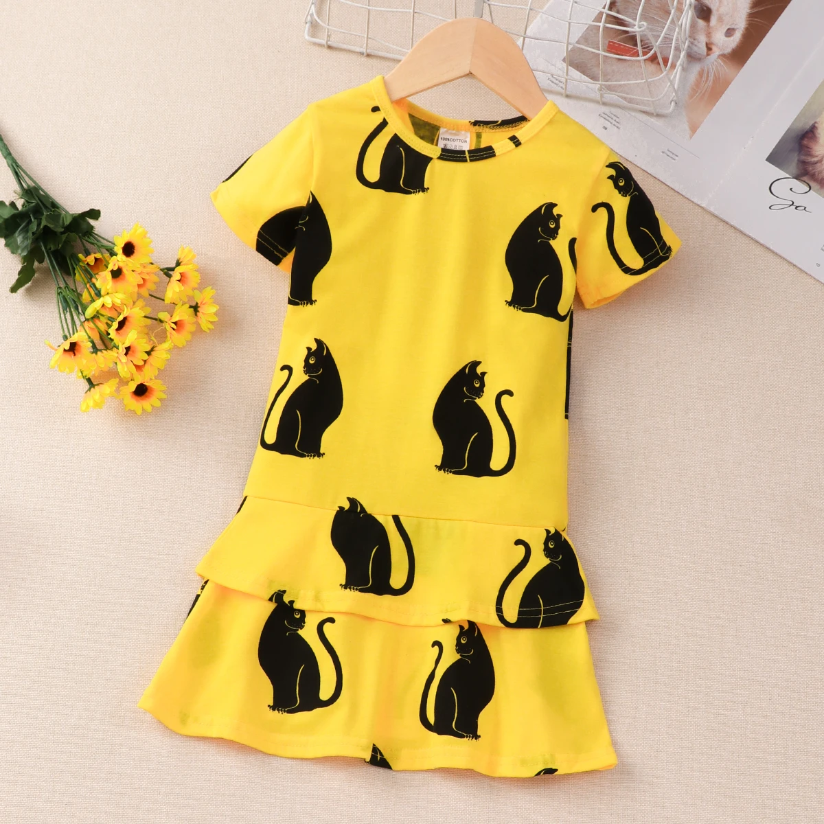 2024 Children Dress Summer Girl Kids Dress for Very Elegant Party Black Cat Print Splice Belted A-line Skirt Girl Clothing