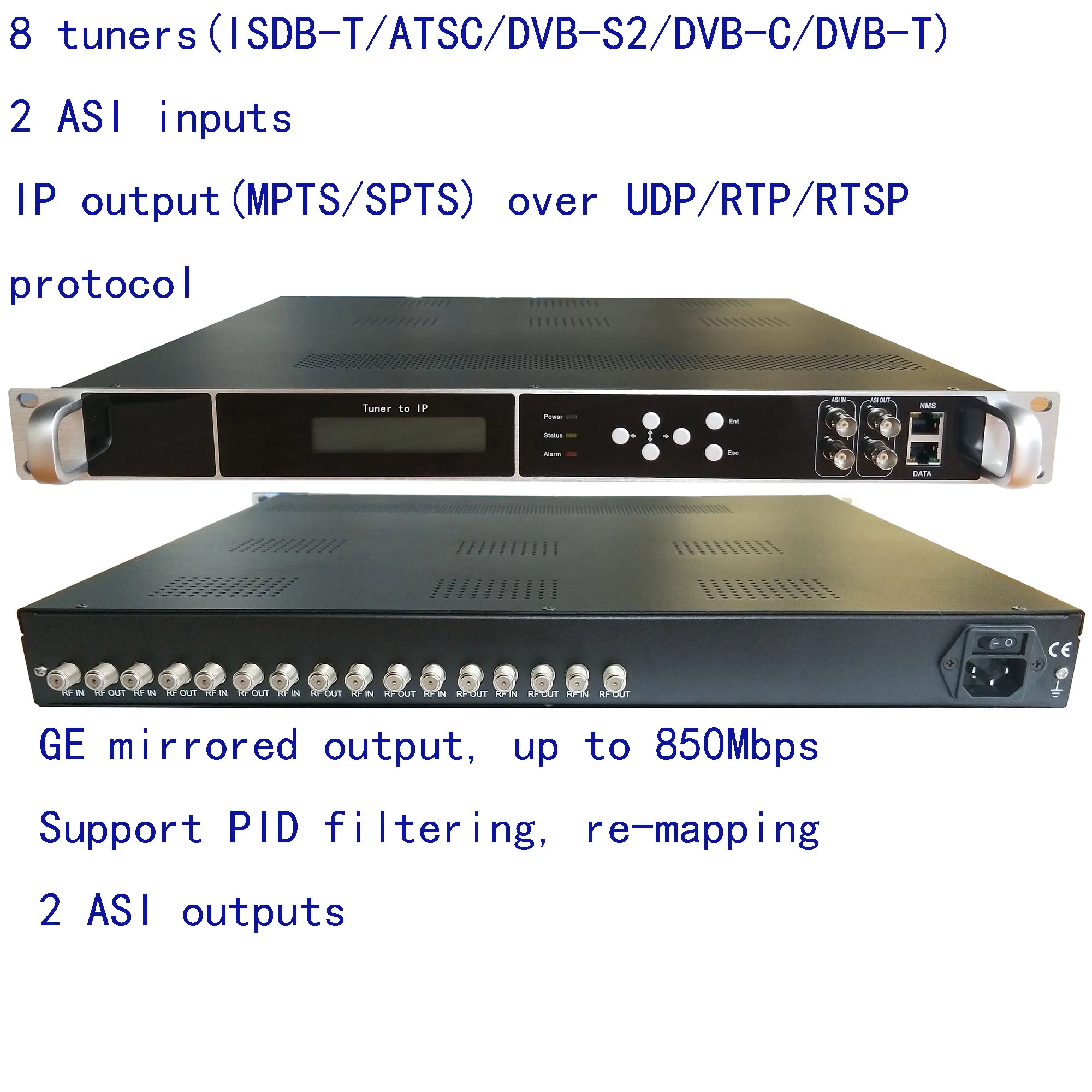 

8 DVB-S2 to IP/ASI encoder, ISDB-T to IP/ASI output, atsc input and IP/ASI output encoder,1080P Multi-Channel encoder,