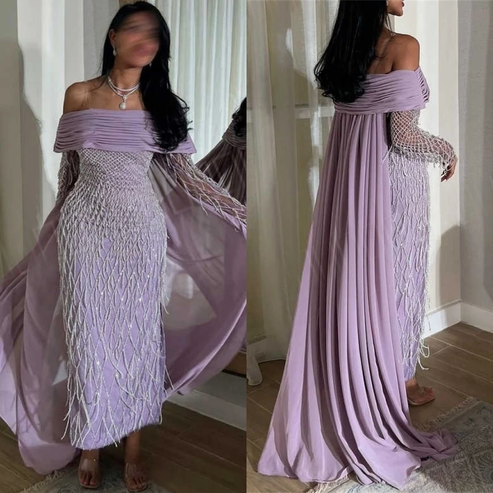 Customized Graceful Purple Jersey Evening Dress Formal Boat Neck Long Sleeves Celebrity Gowns Delicate Tassel Beading Prom Dress