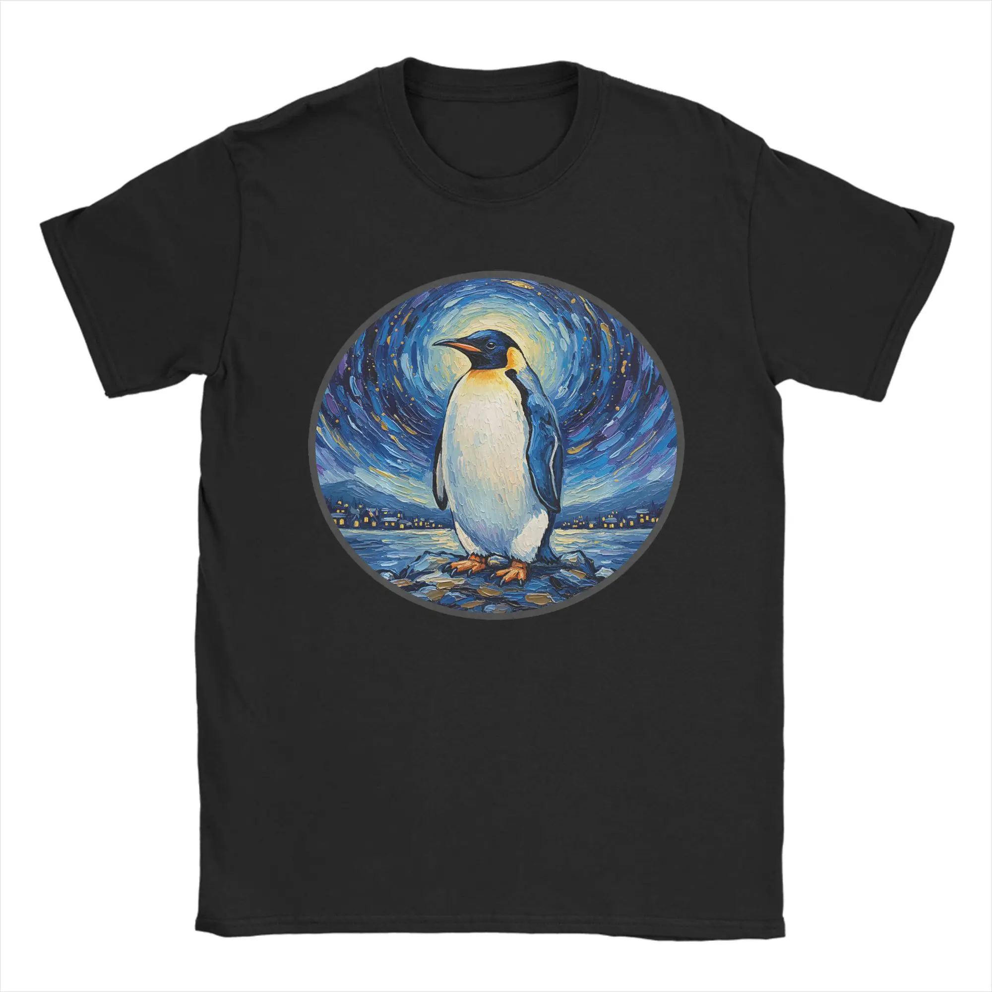 Bird Penguin Starry Night Impression Circle Art T-Shirt Men's  Y2K Casual T-Shirts Summer O Neck Tee Shirt Oversized Clothing