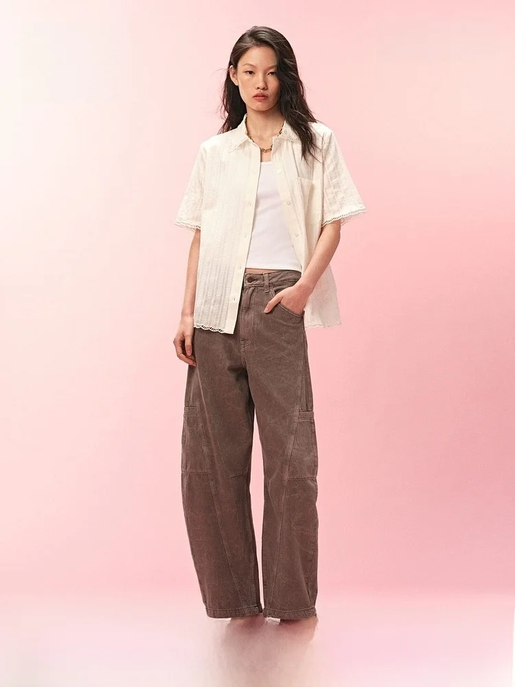 

H&M Summer New Women's Straight Stripe Cotton Jeans Natural Waist Simple Style Standard Version No Stretch Youth Jeans