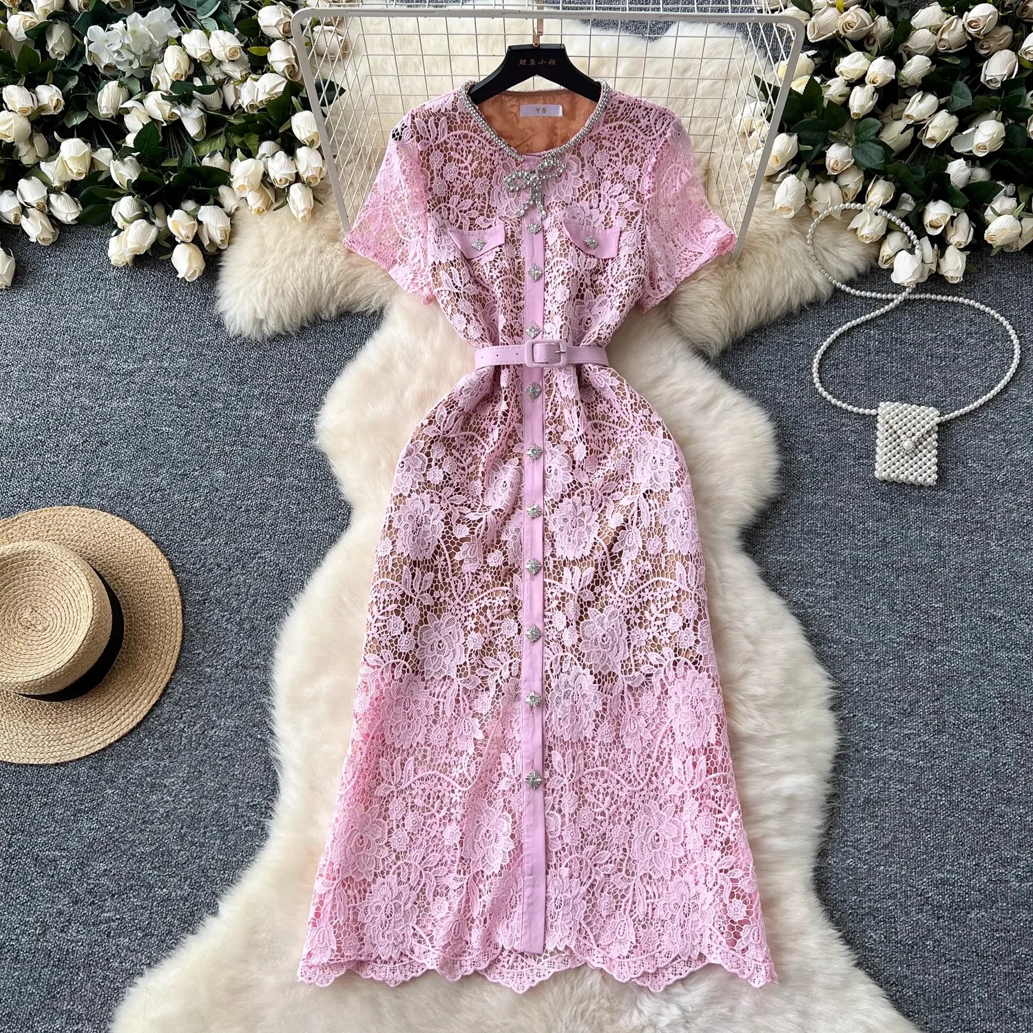 

Brand Design Summer Holiday Lace Prom Wedding Dress Women Short Sleeve Single Breasted Diamonds Bow Buttons Bodycon Midi Vestido