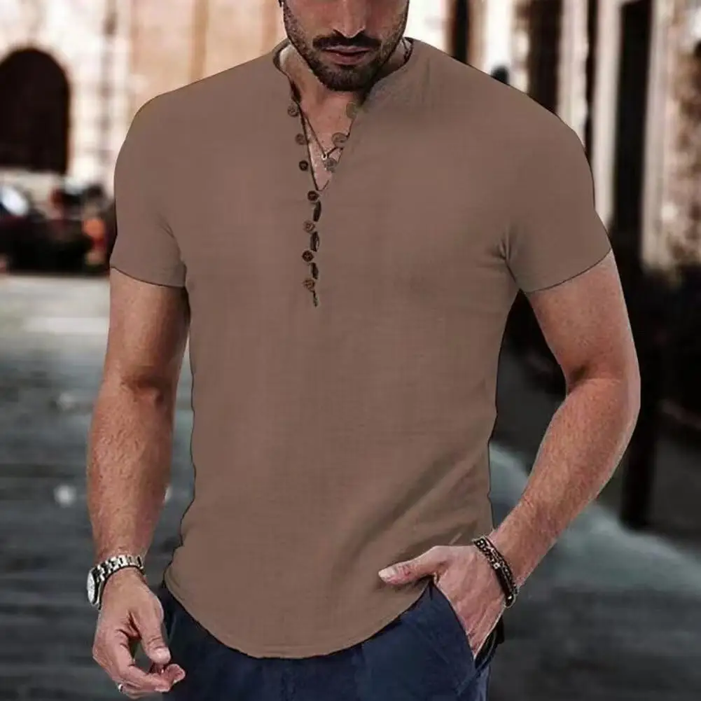 Thin Men Button-down Shirt Men's Casual Cotton Linen Shirt Collection Breathable Summer Tops for Daily Wear V Neck Button Short