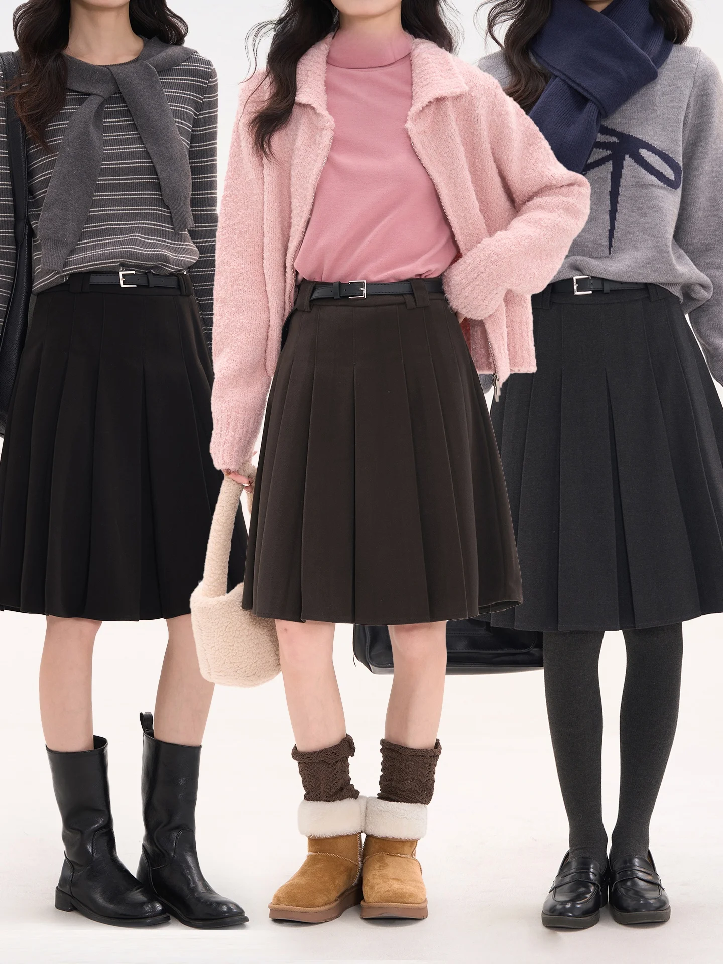 

High Waist A-Line Skirt Women's Woolen Plaid Pleated Spring Autumn Versatile College Sle f-length Skirts