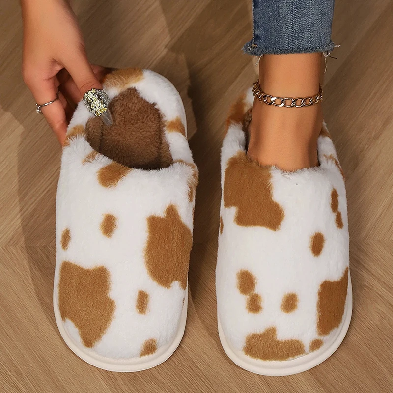 Nette Kuh Flecken Baumwolle Hausschuhe für Frauen Runde Kappe Dicke Sohle Plüsch Hausschuhe Frau Weiche Faux Pelz Warme Schuhe Slides Weibliche Winter – Detail 5