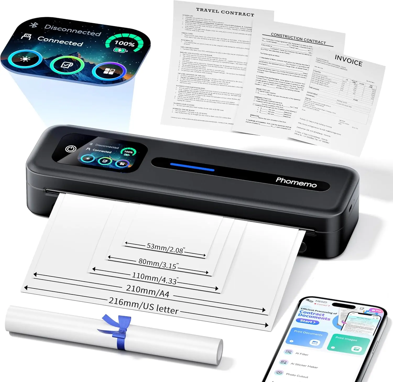 

Portable Touchscreen Thermal Printer for Travel, Supports A4 & US Letter, iOS/Android/PC Compatible