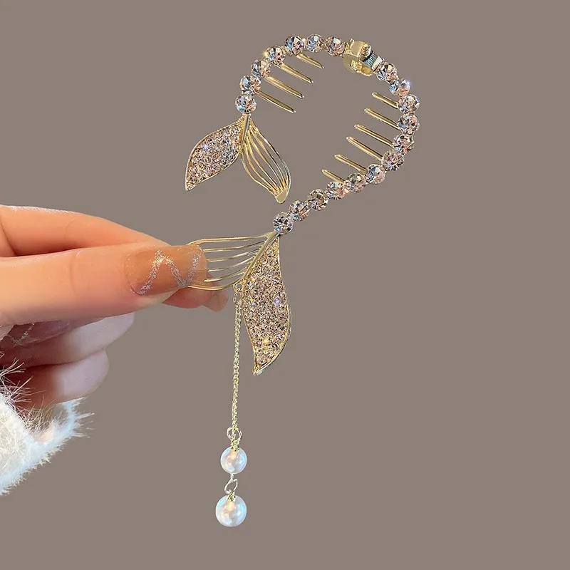 1Pcs Fashion Crystal Fish Tail Pearl Tassel Hair Claws Hairpins For Women Girls Ponytail Holder Headwear Hair Accessories