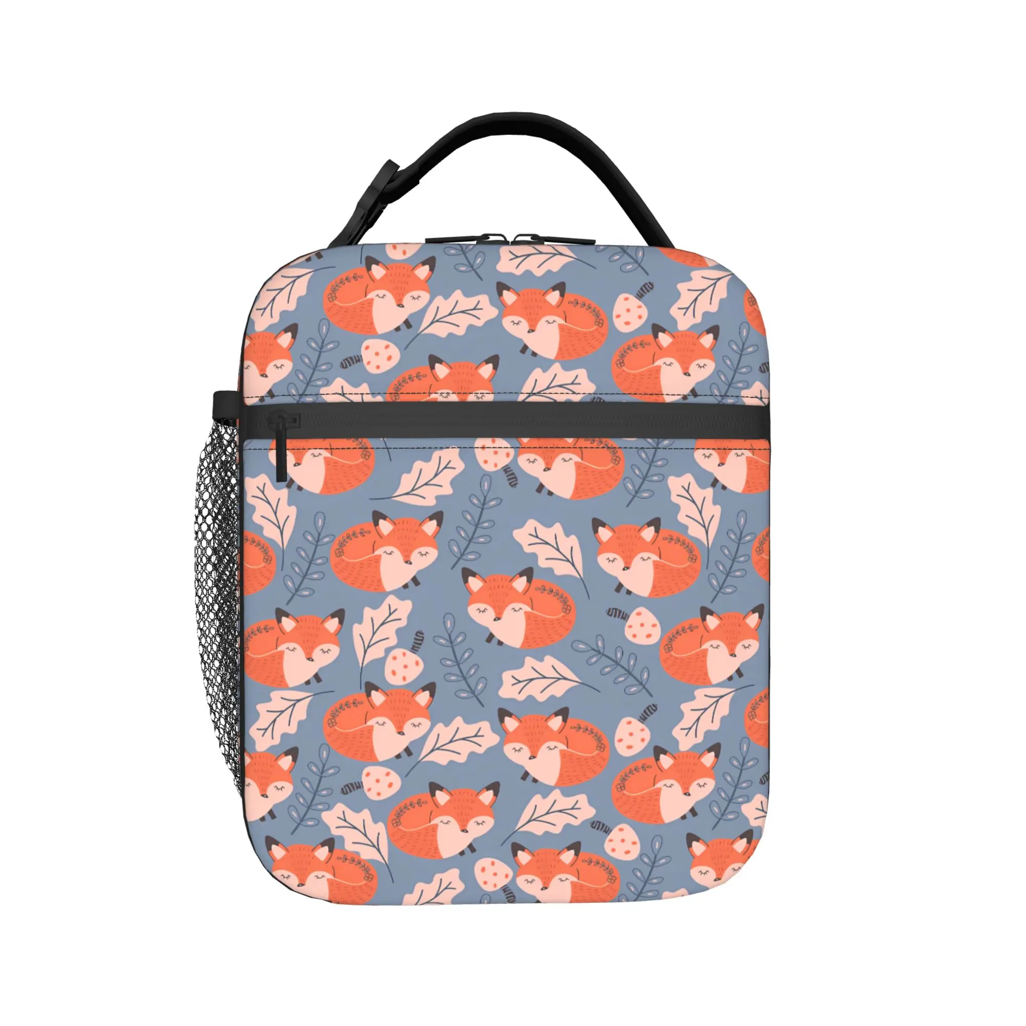 Cute Foxes Light Blue Pastel Pattern Lunch Bag  Leisure Lunch Box For Child  Picnic Cooler Bag Waterproof Thermal Tote Handbags