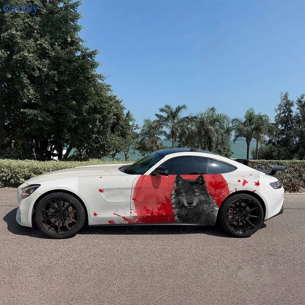 2pcs Grey Wolf Bright Red Splatter Car Side Wraps, Self-Adhesive PVC Waterproof & Scratch-Resistant Stickers, Car Accessory Gift
