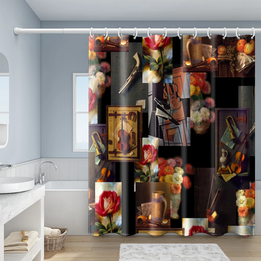 Flower Puzzle Illustration Art Shower Curtain Waterproof Polyester Fabric Decor Bathroom Curtain Hook