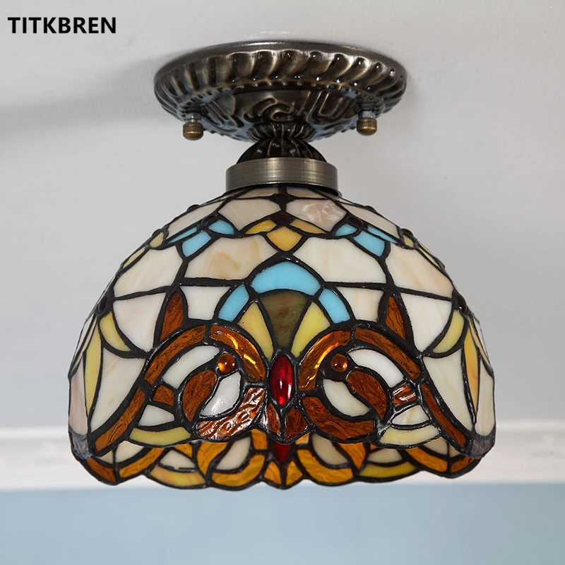 Tiffany Style Stained Glass Lamp Shade Ceiling Light Mediterranean Baroque Art Aisle Loft Surface Mounted Home Lighting Fixtures