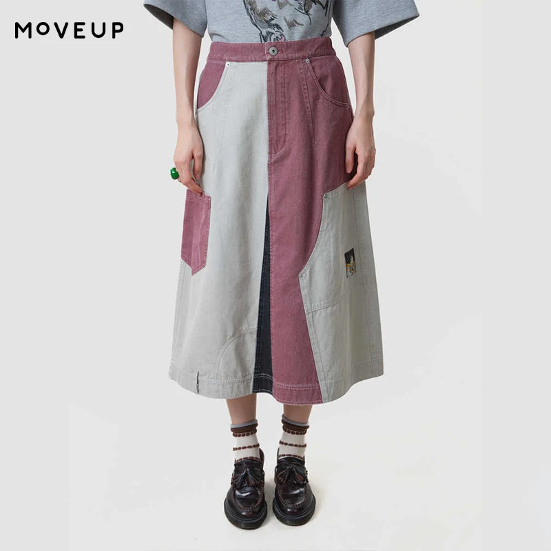 MOVEUP 100%Cotton Skirt Autumn Color Block Patchwork Woven Label Pockets Skirts Elastic Back Waist Casual A-line Skirt 3ELQ20605