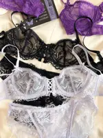 Sexy Hollow Bra French Ultra Thin Lace Embroidery Women Lingerie Set Underwire Push Up Bras Breathable Underwear and Panties Set 3