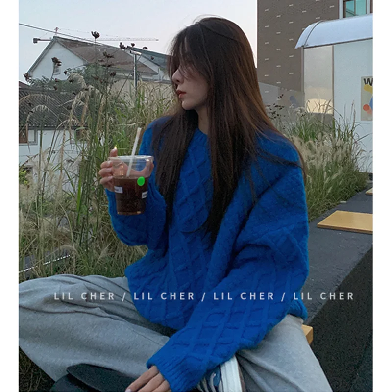 Winter Women Blue Sweater Crew Neck Twist Korean Fashion Lazy Wind Leisure Loose Vintage Pullover Long Sleeves Knitting Tops