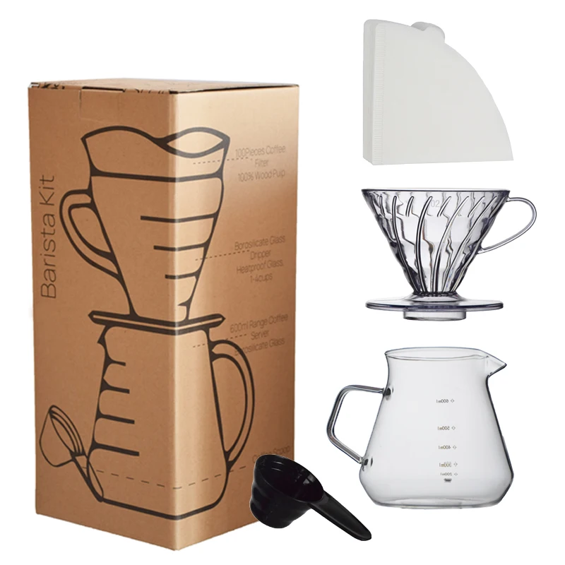 Pour Over Coffee Dripper Set 600ml Glass  Server V02 Funnel Drip Maker Brew Cup Coffee Set with  Filter Paper