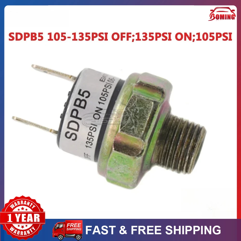 

Новый клапан-регулятор давления для автомобильного компрессора, резьбовое крепление на бак, 105-135PSI SDPB5, отключение при 135PSI, включение при 105PSI, для звукового сигнала поезда
